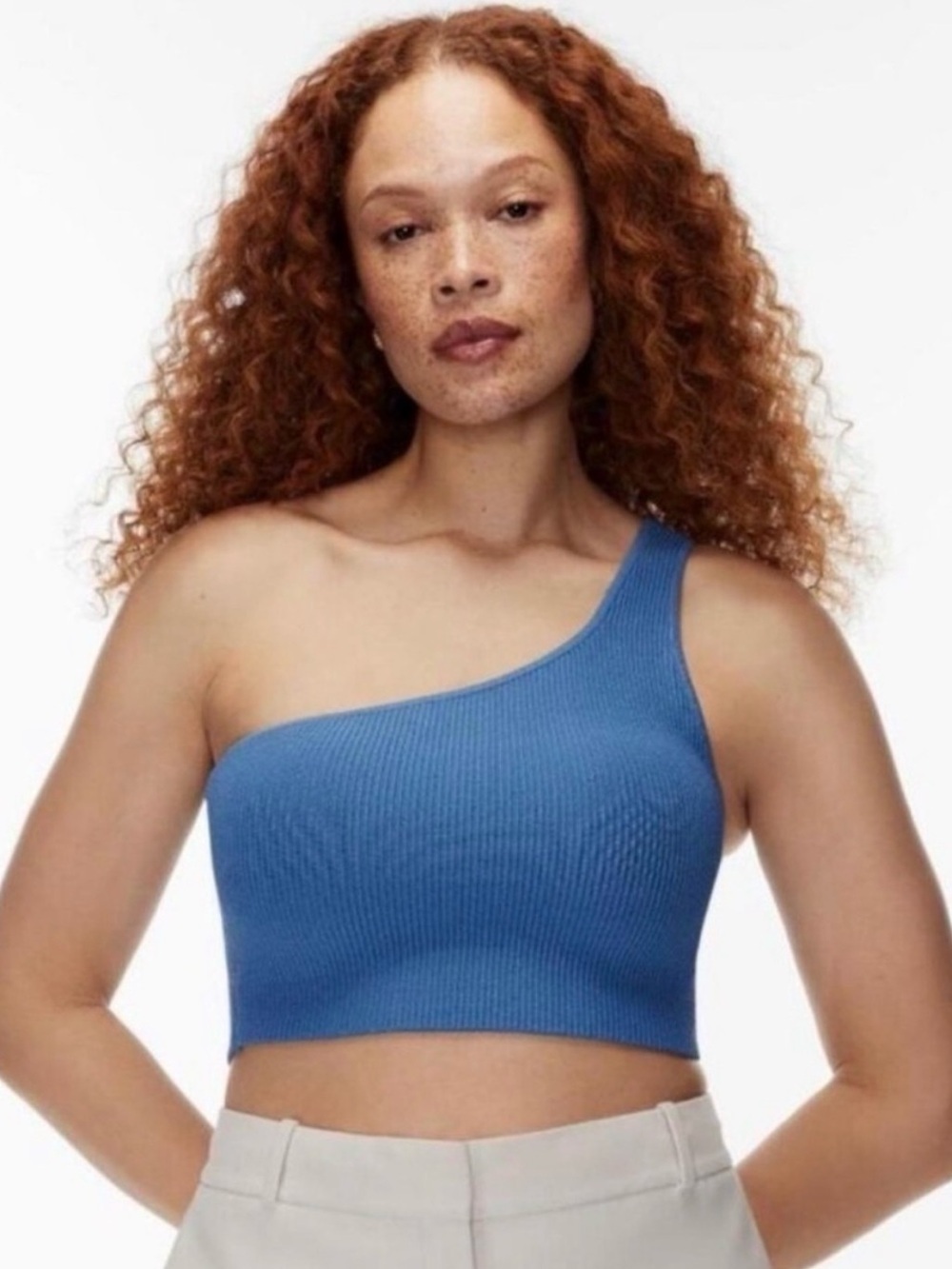Babaton Aritzia Blue Ribbed One Shoulder Asymmetrical Crop Top Size S